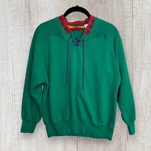 Vintage Recreation Green Lace-Up Sweatshirt Boho Aztec Collar Holiday Xmas S